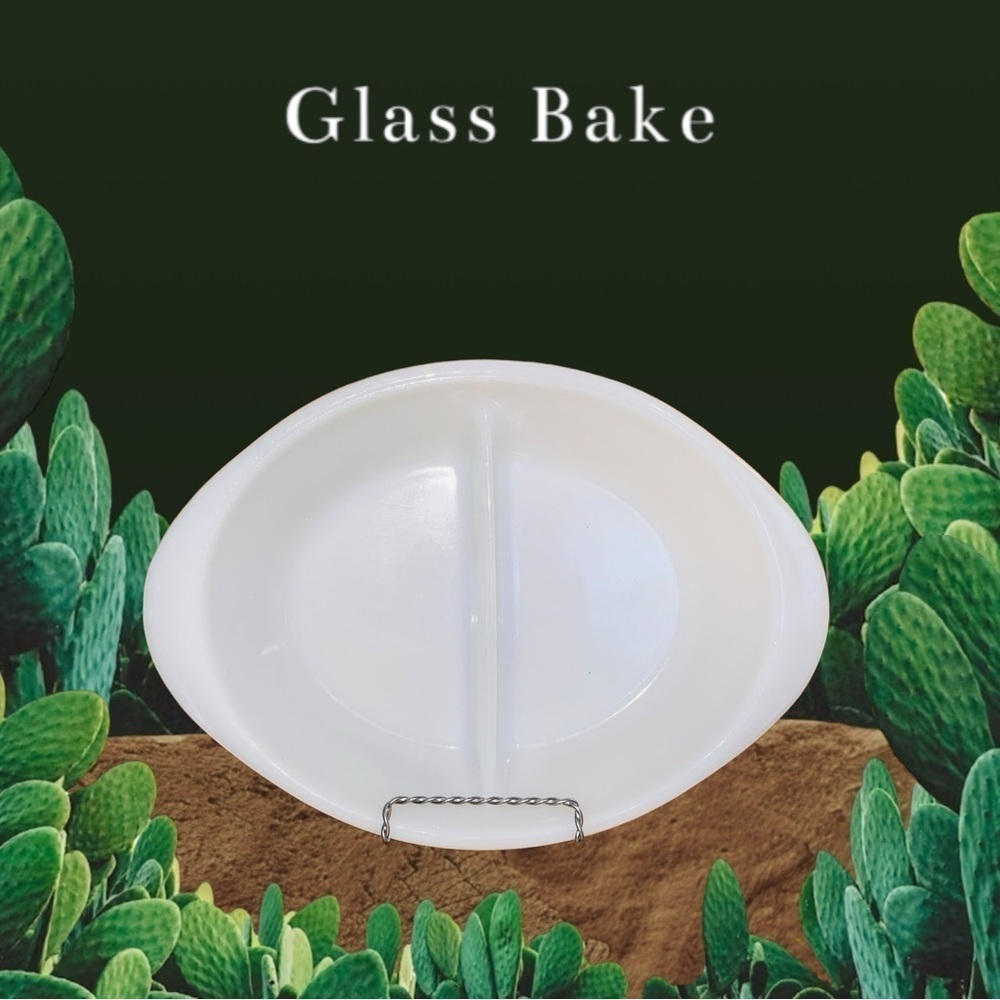 GLASBAKE USA Milk Glass Oval Divided Baking Serving Dish J-289 Measures 8.5x12”